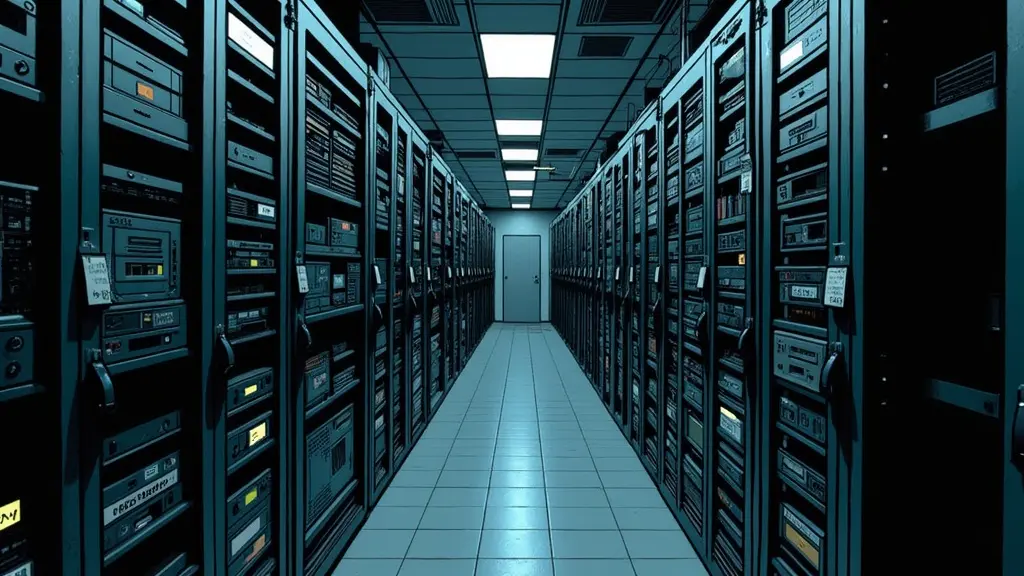 Digital forensics evidence storage showing seized computer equipment and servers