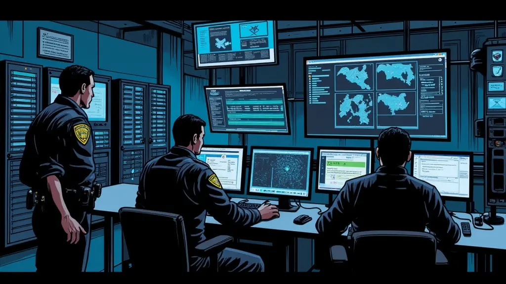 FBI cybercrime investigation command center with multiple screens