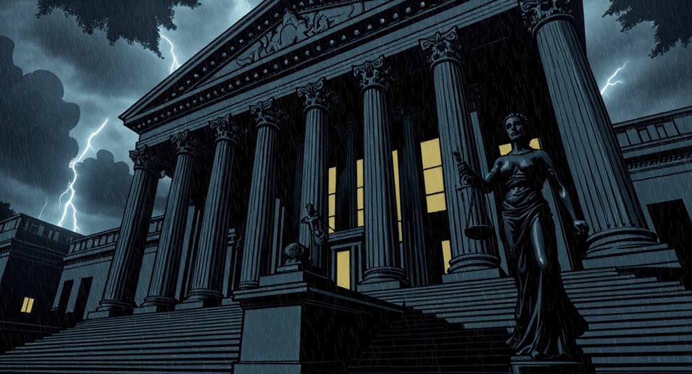 Federal courthouse with scales of justice during storm