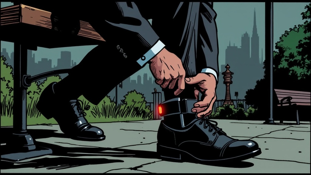 Person sitting on park bench struggling with ankle monitor device